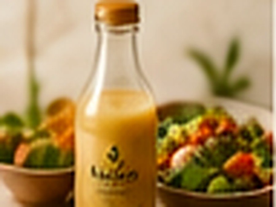 Botella de aderezo artesanal Pakefir junto a una ensalada fresca y cuencos con especias