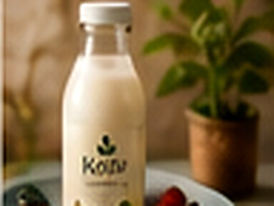 Botella de kéfir artesanal Pakefir junto a frutos rojos frescos sobre un plato de cerámica