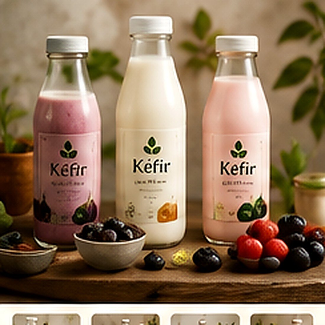 Tres botellas de kéfir artesanal Pakefir en sabor natural, fresa y mora sobre madera rústica