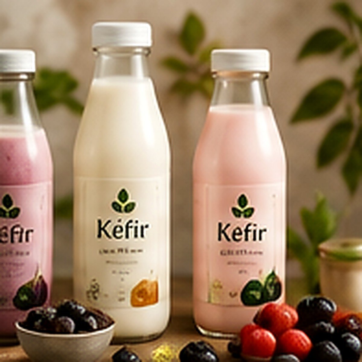 Ingredientes naturales de Pakefir sobre lino: frutas frescas, frutos secos y hierbas aromáticas