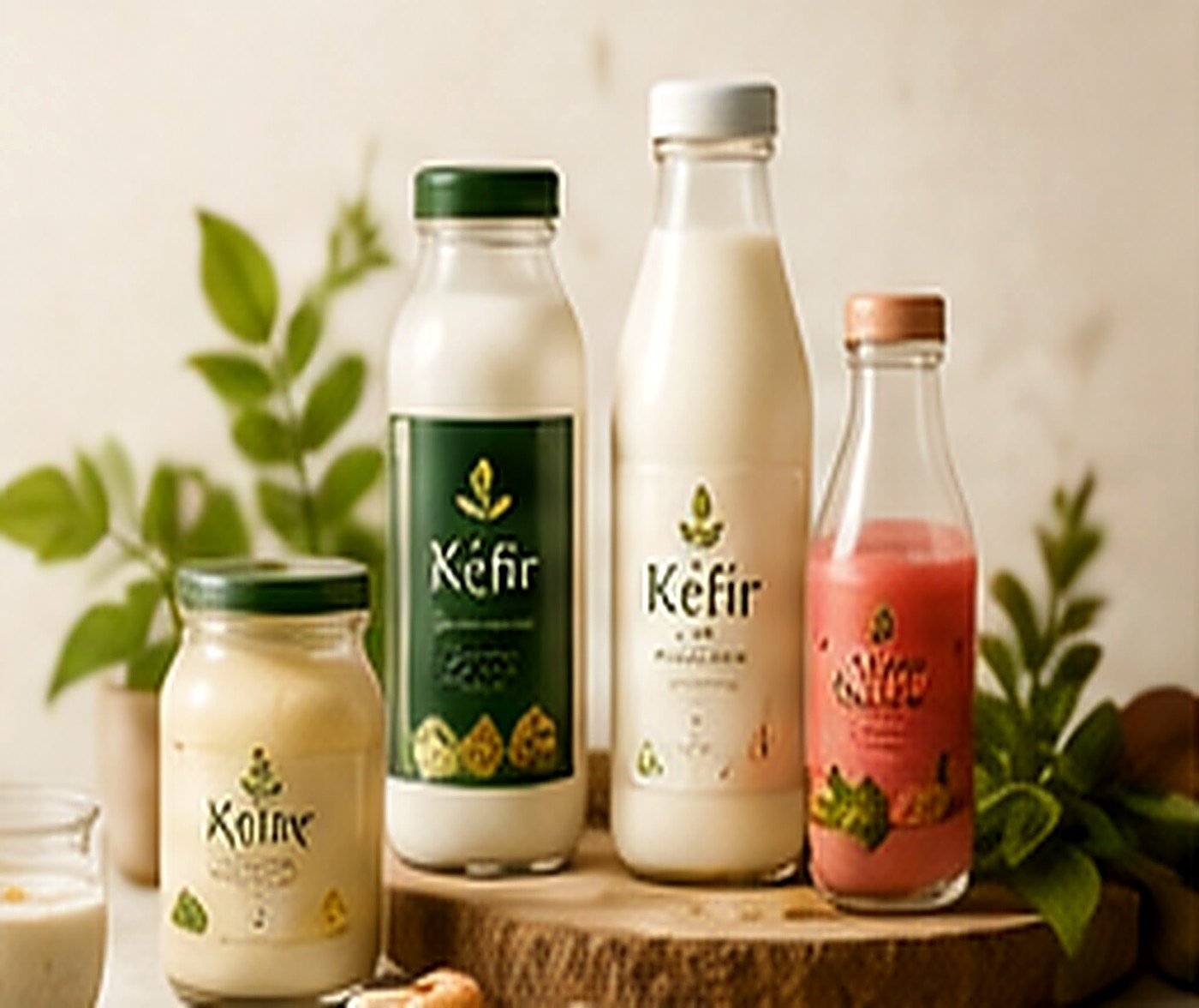 Botellas de kéfir, yogurt griego, aderezos, quesos y trufas artesanales Pakefir sobre una mesa de madera con plantas y frutas frescas
